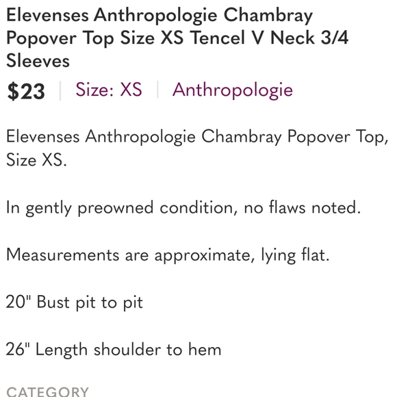 Elevenses Anthropologie Chambray Popover Top Size XS Tencel V Neck 3/4 Sleeves - Picture 5 of 5